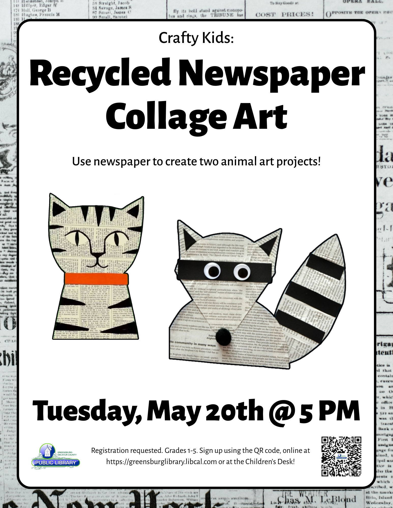 Crafty Kids-Recycled Newspaper Collage Art - Greensburg Decatur Co Pub Library - 1110 E Main St, Greensburg, IN 47240, USA