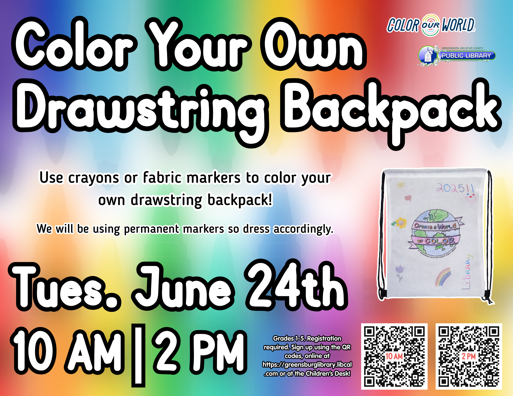 Color Your Own Drawstring Backpack - Greensburg Decatur Co Pub Library - 1110 E Main St, Greensburg, IN 47240, USA