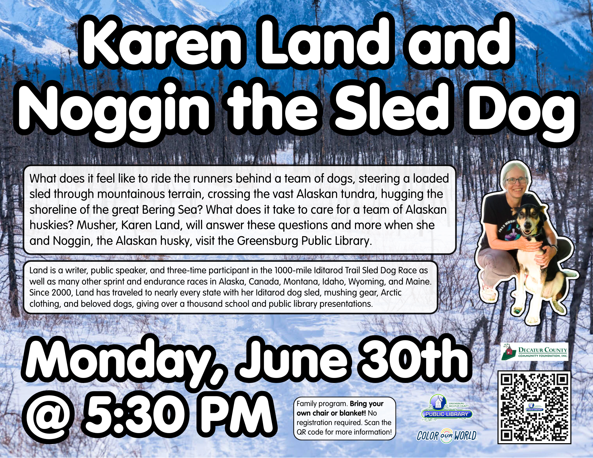 Karen Land and Noggin the Sled Dog - Family Program on our Patio (rain will move the fun indoors) - Greensburg Decatur Co Pub Library - 1110 E Main St, Greensburg, IN 47240, USA