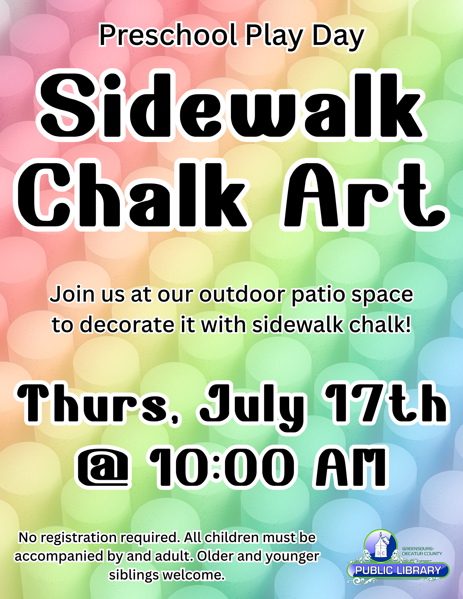 Preschool Play Day - Sidewalk Chalk Art - Greensburg Decatur Co Pub Library - 1110 E Main St, Greensburg, IN 47240, USA