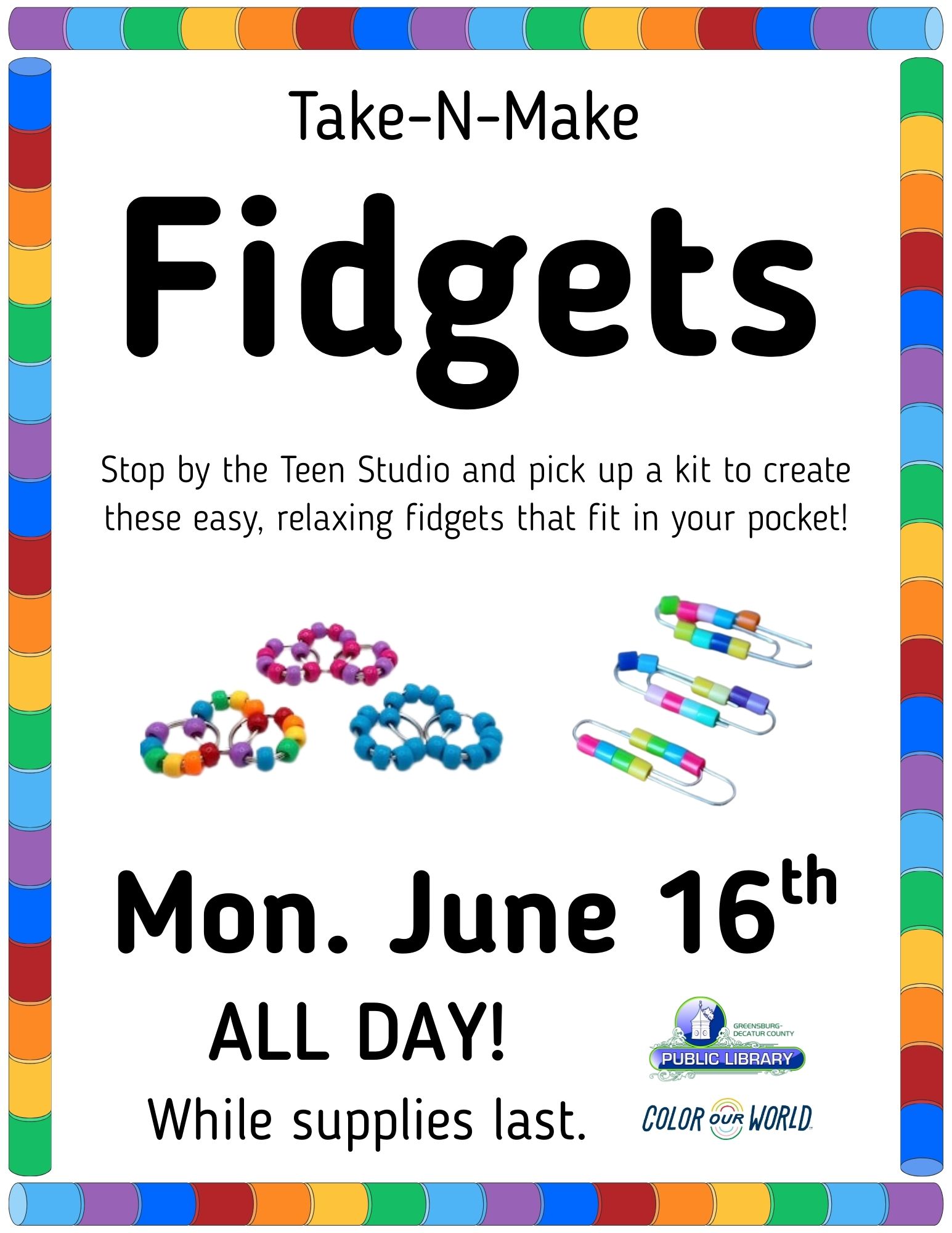 Teen Program~~Take-N-Make~~Fidgets - Greensburg Decatur Co Pub Library - 1110 E Main St, Greensburg, IN 47240, USA