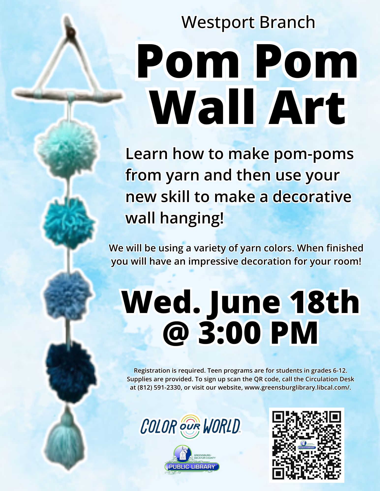 Teen Program~~Westport Branch~~Pom Pom Wall Art - Greensburg Decatur Co Pub Library - 1110 E Main St, Greensburg, IN 47240, USA