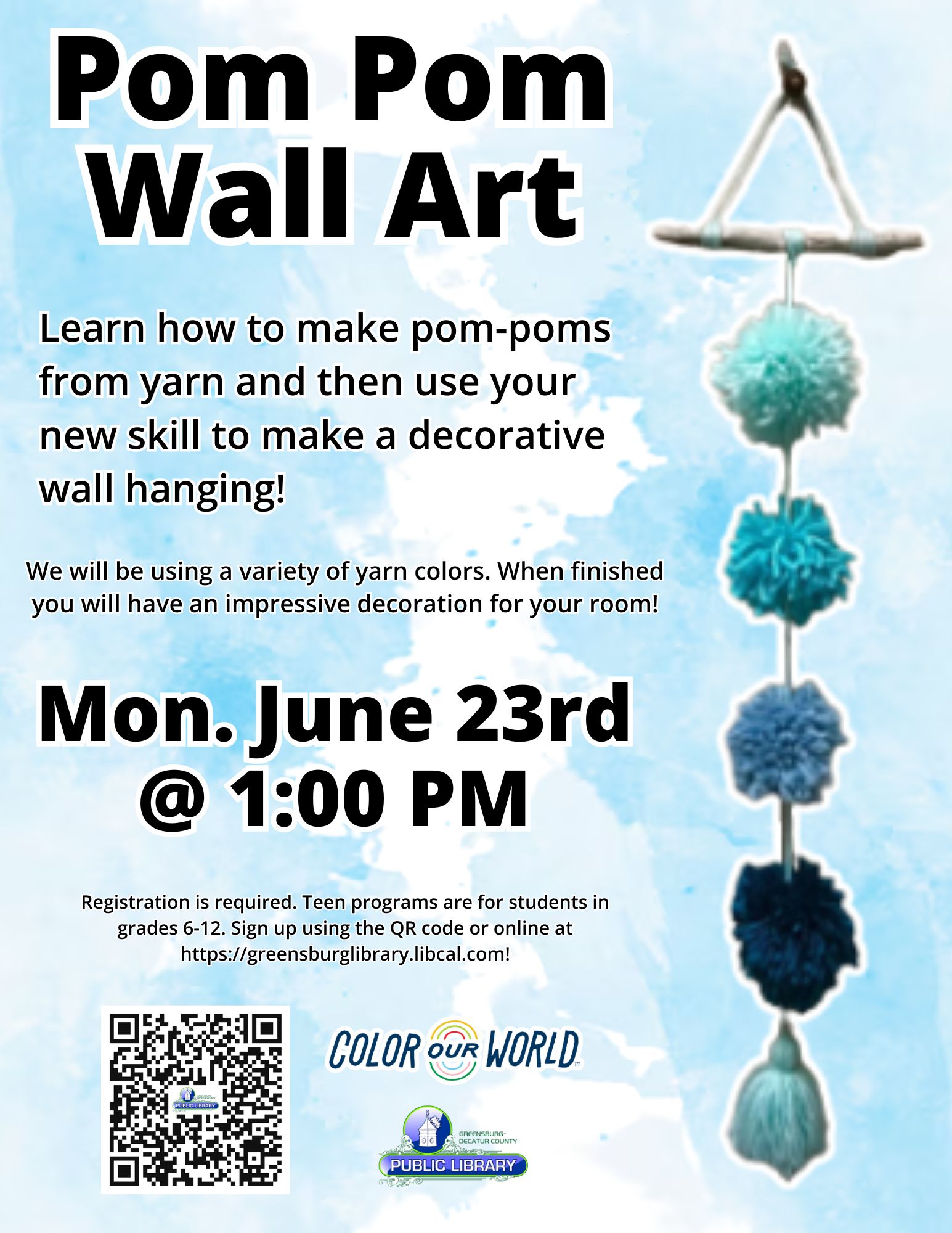 Teen Program~~Pom Pom Wall Art - Greensburg Decatur Co Pub Library - 1110 E Main St, Greensburg, IN 47240, USA