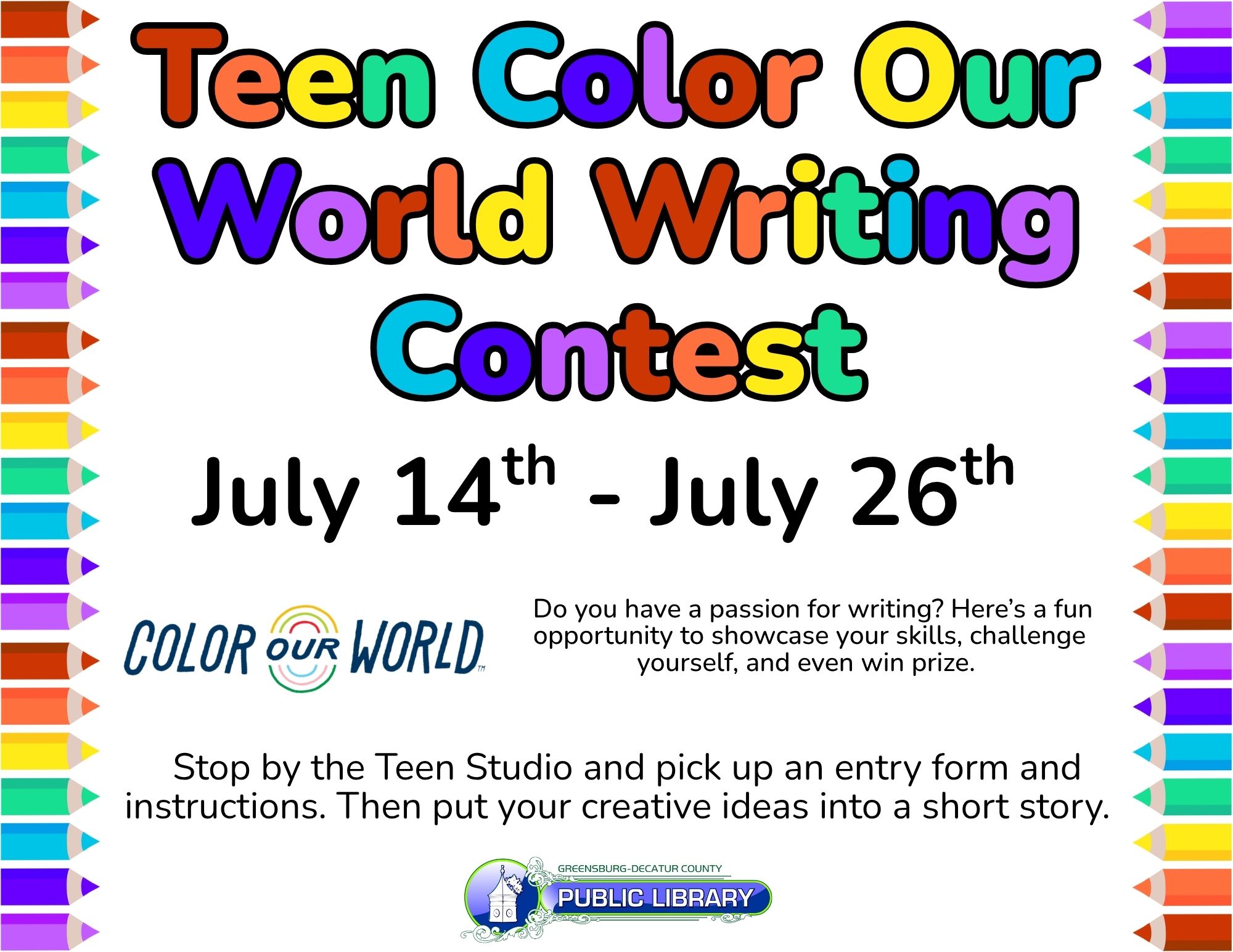 Teen Program~~"Color Our World" Writing Contest - Greensburg Decatur Co Pub Library - 1110 E Main St, Greensburg, IN 47240, USA