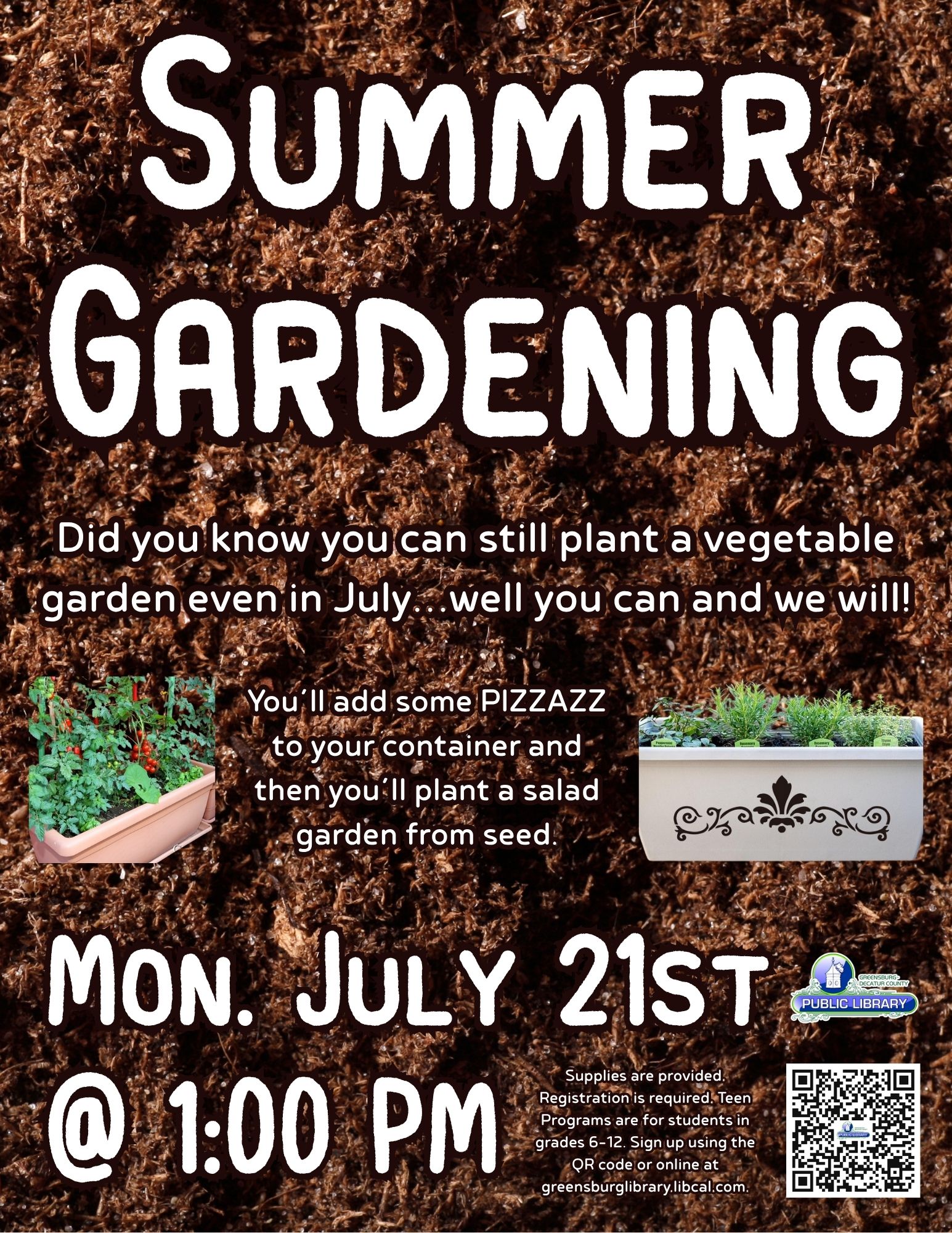 Teen Program~~Summer Gardening - Greensburg Decatur Co Pub Library - 1110 E Main St, Greensburg, IN 47240, USA