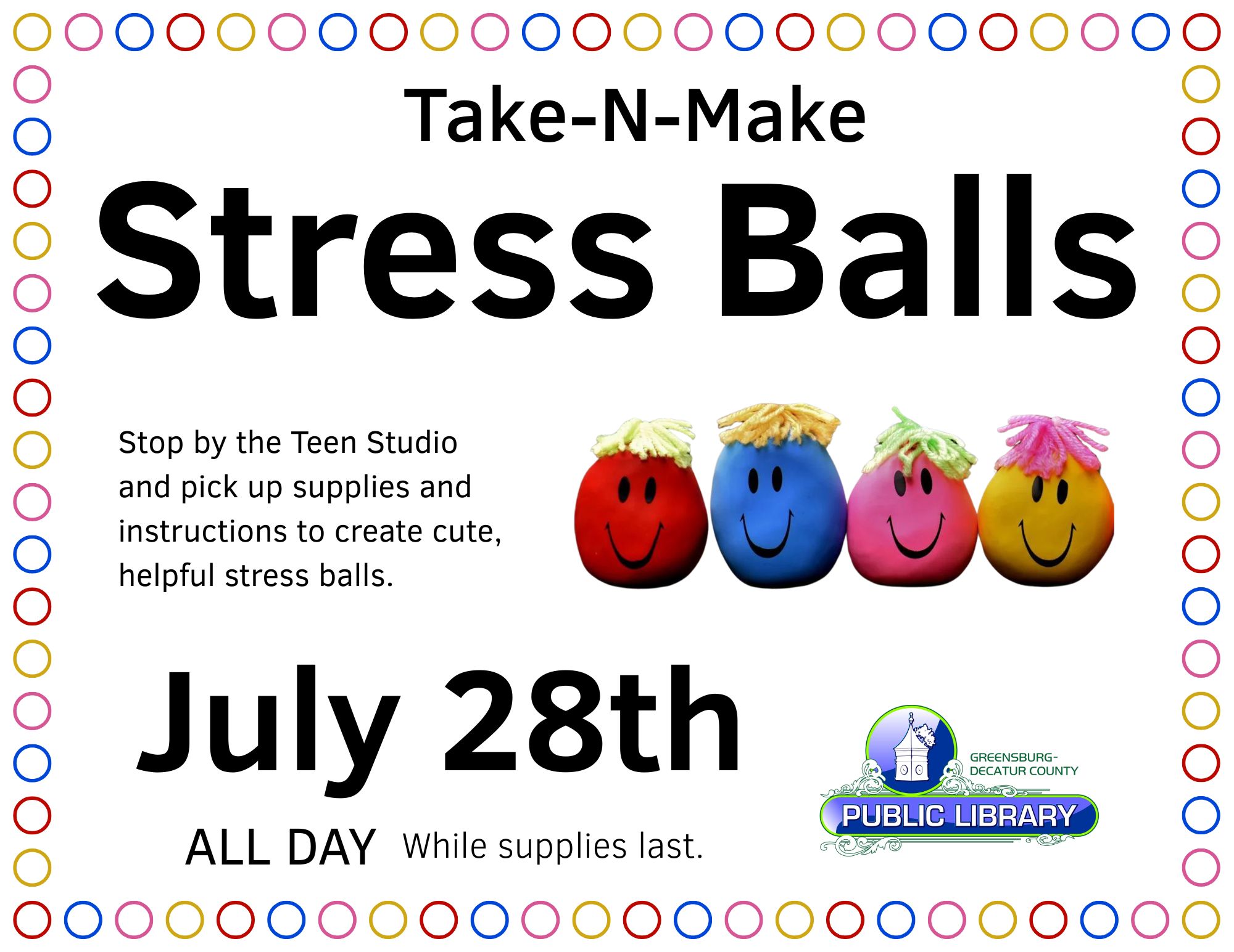 Teen Program~~Stress Ball Take-N-Make - Greensburg Decatur Co Pub Library - 1110 E Main St, Greensburg, IN 47240, USA
